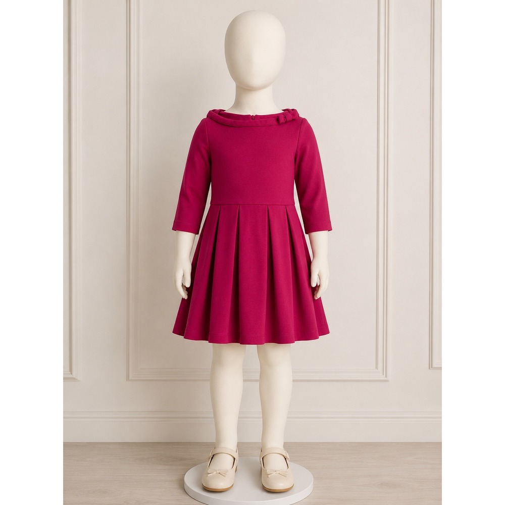 Kate Spade New York Girls Pink Ponte Knit Pleated Dress Size 6 Magenta Bow Neck